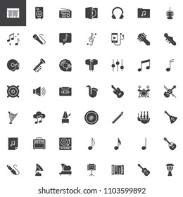 Music Instruments Vector Icons Set, Modern Solid Symbol Collection, Filled Style Pictogram Pack. Signs, Logo Illustration. Set Includes Icons As Piano Key, Headphones, Microphone, Trumpet, Amplifier