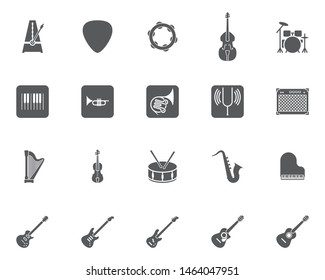 Music instruments vector icons set, modern solid symbol collection, filled style pictogram pack. Signs, logo illustration. Set includes icons as metronome, drums, acoustic guitar, violin, cello, harp