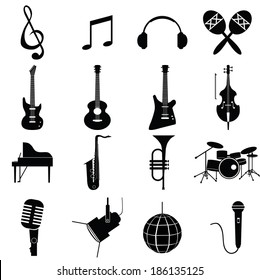 music instruments vector include guitar, cello, piano, drums 