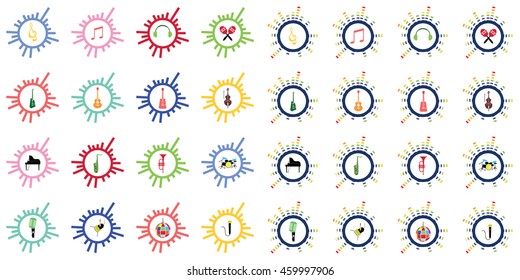 music instruments vector include guitar, cello, piano, drums with equalizer concept