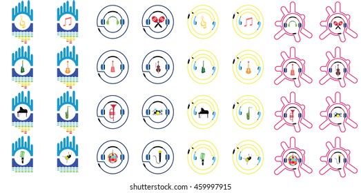 music instruments vector include guitar, cello, piano, drums with earphones and equalizer concept 