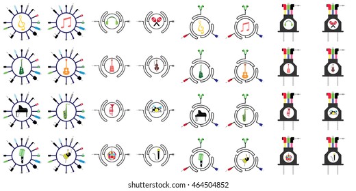 music instruments vector include guitar, cello, piano, drums with many types of jack and connection concept 