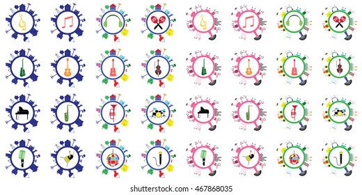 music instruments vector include guitar, cello, piano, drums with town broadcast and wifi connection concepts