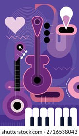 Instrumentos de música diseño de cartel de Vector. Composición de guitarras, saxofón, trompeta y piano sobre fondo violeta.