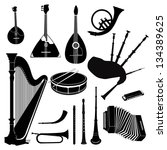 Music instruments vector set.  Musical instrument silhouette on white background.