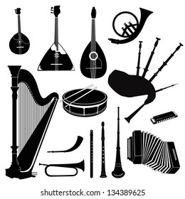 Music instruments vector set.  Musical instrument silhouette on white background.