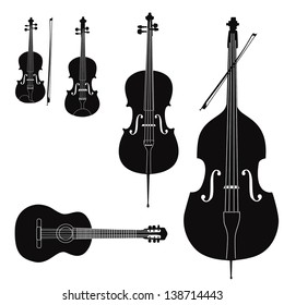Music instruments vector set. Stringed musical instrument silhouette on white background.