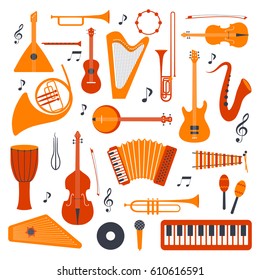 
Music instruments - vector silhouette illustration. Isolated icon set.