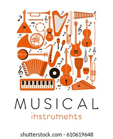 
Music instruments - vector silhouette illustration. Isolated icon set.