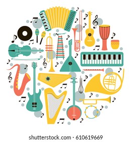 
Music instruments - vector silhouette illustration. Isolated icon set.  Round concept