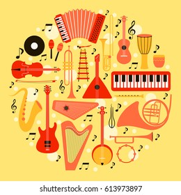 
Instrumentos musicales - ilustración de silueta vectorial. Conjunto de iconos aislados.  Concepto de redondeo