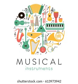 
Music instruments - vector silhouette illustration. Isolated icon set.  Round concept