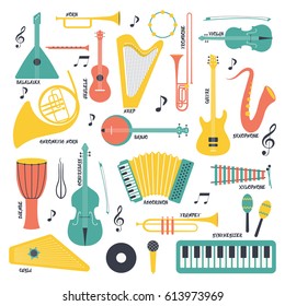 
Music instruments - vector silhouette illustration. Isolated icon set.