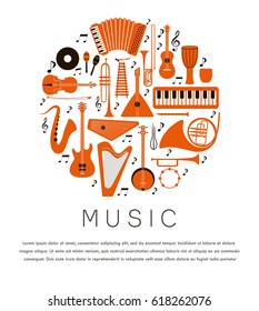 
Music instruments - vector silhouette illustration. Isolated icon set.  Round concept