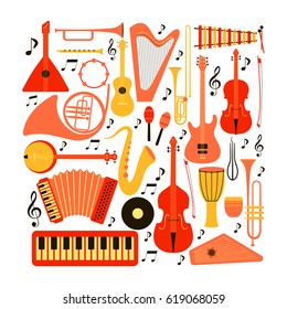 Instrumentos musicales - ilustración de silueta vectorial. Conjunto de iconos aislados.