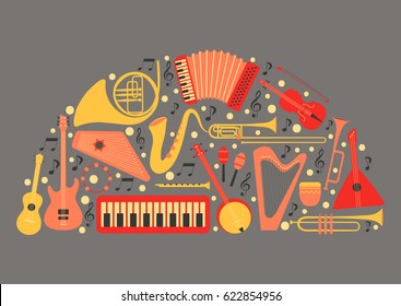 
Music instruments - vector silhouette illustration. Isolated icon set.