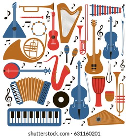 
Instrumentos musicales - ilustración de silueta vectorial. Conjunto de iconos aislados.