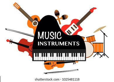 Music Instruments words on piano and string instruments. Music tools set. Eps vector illustration