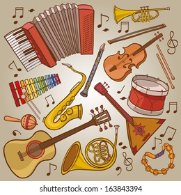 Music Instruments.SET. Hand drawn. Great illustrations for School and Pictures Books, magazines, advertising and more. VECTOR.