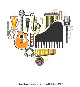 Music instrumets guitar, piano or musical drum vector flat icons