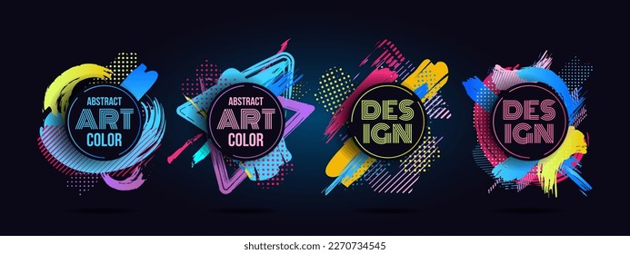 Music invitation, dance posters, brush painted. Stylish royal colors, business graphic design, colourful cards. Round frames with copy space. Trendy logo design vector current abstract background