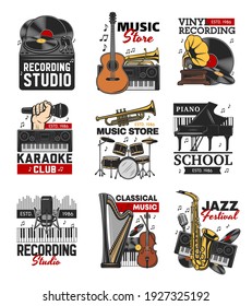 Music isolated icons with vector musical instruments, microphones, vinyl records and vintage gramophone. Piano, drum, guitar and saxophone, record player, tube, harp and trumpet retro symbols, emblems