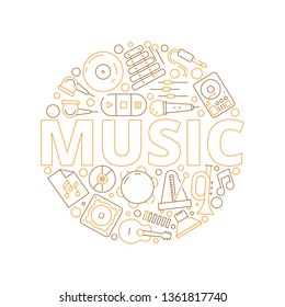 Music items background. Musicians instruments for recording audio studio vector icon in circle shape