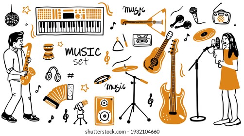 Music items doodle icons set  Hand drawn sketch and notes  instruments  microphone  guitar  headphone  drums  music player   music styles lettering signs  vector illustration  isolated