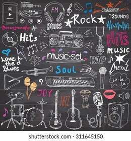 Music items doodle icons set. Hand drawn sketch with notes, instruments, microphone, guitar, headphone, drums, music player and music styles lettering signs, vector illustration, chalkboard background