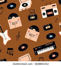 Music items doodle vector seamless pattern . Hand drawn musical equipment, headphones, audio, cassette, vinyl record, record player, notes. Musical vector illustrations flat icons and elements.