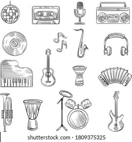 Music items icons set. Hand drawn sketch with notes, instruments, guitar, headphone, drums, music player