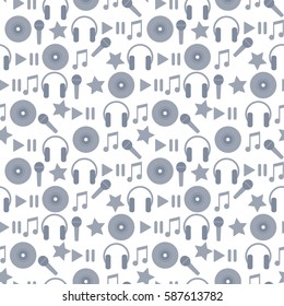 music items on white background, music, pattern, microphone, play, pause, headphones, record, star, note