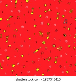 Music items in red color, vector background, isolated elements.  Seamless pattern for fabric , wrapper, print and more.