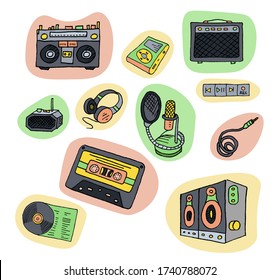 Music Items Stickers. Boombox, Radio, Amp, Mp3 Player, Buttons, Cable, Microphone, Casette, Speakers, Headphones, Lp In Coral, Yellow And Turquoise Colour.