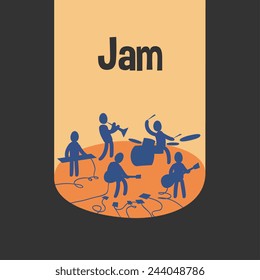 Music jam poster, Rock band, people on stage, cartoon doodle style, vector illustration. Design for web and mobile app.