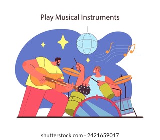 Music jam session concept. Energetic friends engage in creative expression. Acoustic guitar and drums under a disco ball. Flat vector illustration.