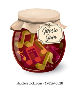 
Music jam, jam session, Funny vintage concept. 
Illustration of jam glass jar with music notes 3d symbols and label with text Music Jam. Vector available.