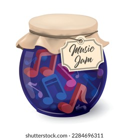 Music jam, jam session, Funny vintage concept.
Illustration of blue jam glass jar with music notes 3d symbols and label with text Music Jam. Vector available.