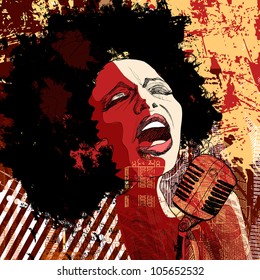 Music Jazz - Afro American Jazz Singer On Grunge Background - Vector Illustration