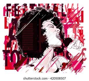 Music Jazz, afro american jazz singer on grunge background - vector illustration