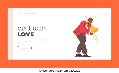 Music Jazz Band Entertainment, Concert Landing Page Template. Sax Player Blowing Musician Composition. African Male Character Playing Saxophone. Cartoon People Vector Illustration