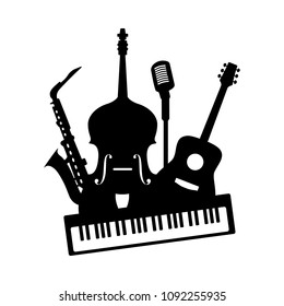 Music jazz band icon. Group of black musical instruments acoustic guitar piano double bass saxophone microphone isolated on white background. Modern vector art illustration for concert festival party