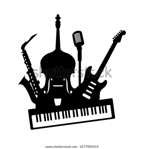 ジャズバンドのアイコン 白い背景に黒い楽器のエレクトリックギターピアノキーボードダブルバスサクソフォンマイクのグループ コンサート祭のベクターイラスト のベクター画像素材 ロイヤリティフリー