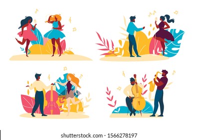 Music Jazz Band. Vocal Instrumental Ensemble. Vocal Singers, Saxophonist, Double Bass Player. Cartoon Talented Musician Male Female People Characters Flat Set. Vector Illustration. Plant Leaves Design