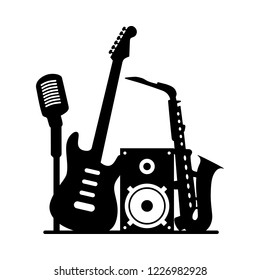 Music jazz blues band concept icon. Group of black musical instruments guitar saxophone microphone speaker on white background. Minimal modern vector logo illustration for live concert festival studio