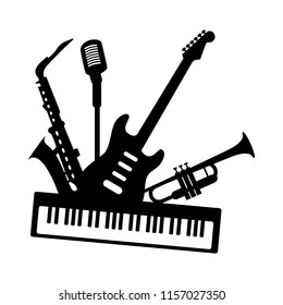 Music Jazz Blues Band Icon. Group Of Black Musical Instruments Guitar Piano Saxophone Trumpet Microphone Isolated On White Background. Vector Simple Logo Illustration For Concert Festival Studio Club