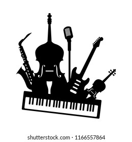 Music jazz blues band icon. Group of black musical instruments guitar piano saxophone bass violin microphone isolated on white background. Vector simple logo illustration for concert festival studio