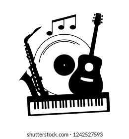 Music jazz blues band record icon. Group of black musical instruments guitar saxophone piano with vinyl and notes on white background. Minimal modern vector logo illustration for concert poster studio