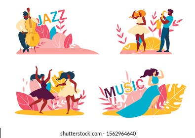 Music Jazz Festival. Cartoon Afro-American, Caucasian Talented People Male Female Character Having Fun, Dancing, Singing Song in Microphone, Playing Sax and Double Bass Set. Vector Flat Illustration