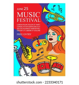 MUSIC JAZZ FESTIVAL Vertical Banner Concert Poster With Singer Trumpet Saxophone Microphone And Drums Invitation Text On Abstract Background Vector Illustration